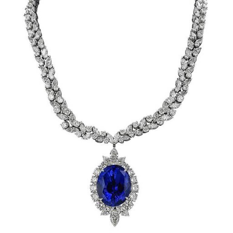 50.14 Carat Oval Ceylon Sapphire Diamond Platinum Enhancer Necklace For