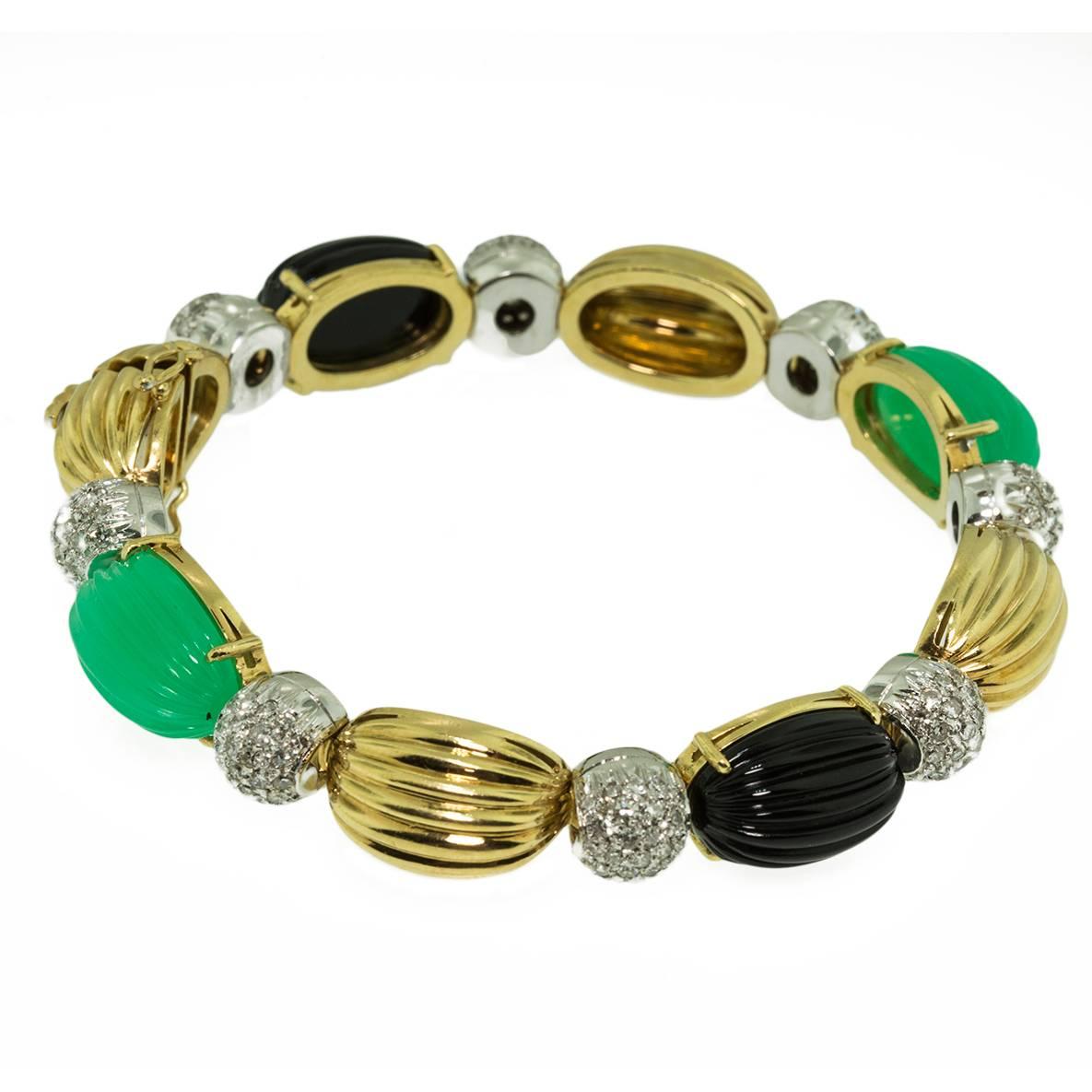 Italian Diamond Chrysoprase Onyx Gold Bracelet For Sale