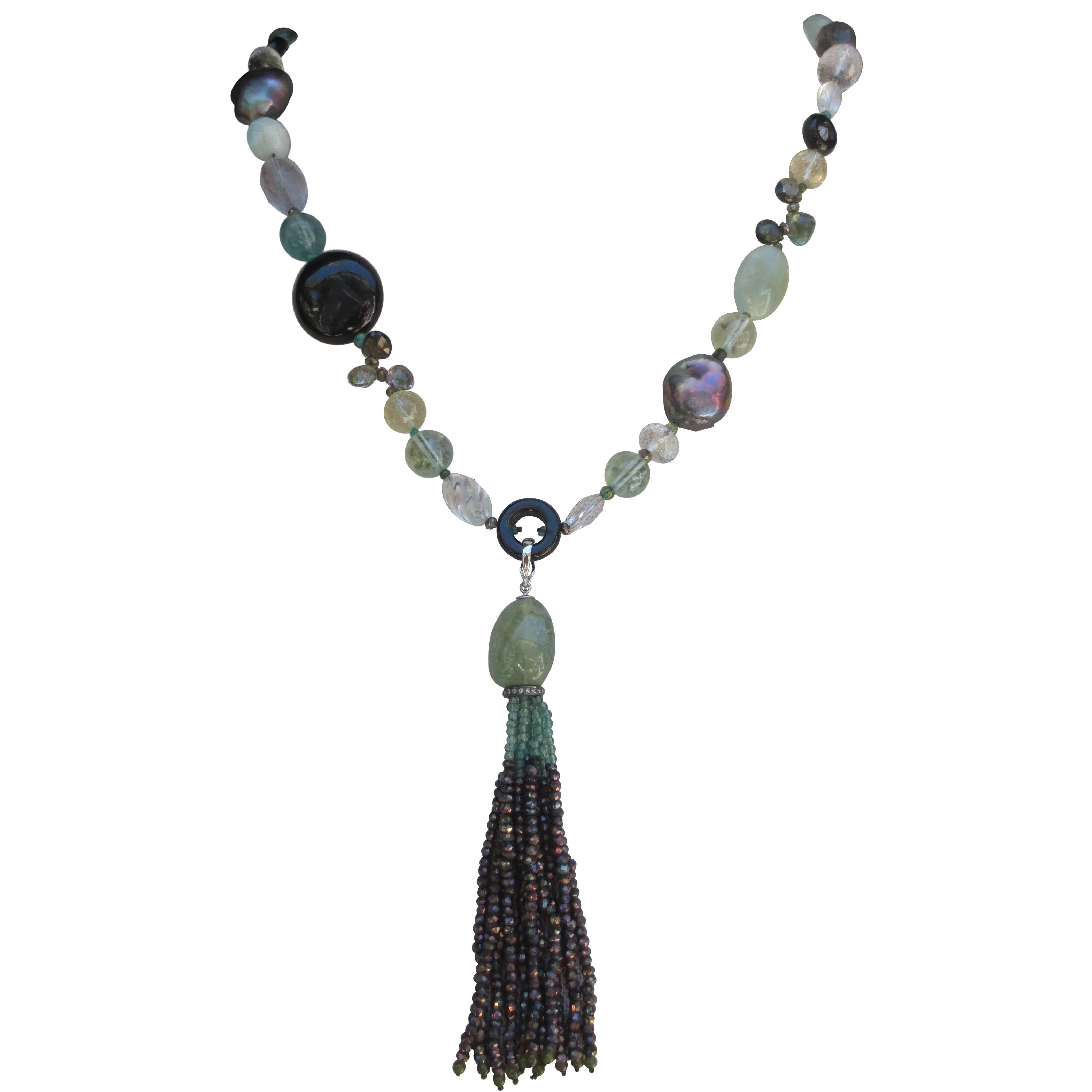 Multi-Gemstone Lariat Necklace with Tassel