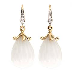 Carved White Opal Diamond Gold Drop Earrings 7