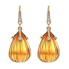 Carved Madeira Citrine Diamond Gold Drop Earrings 10