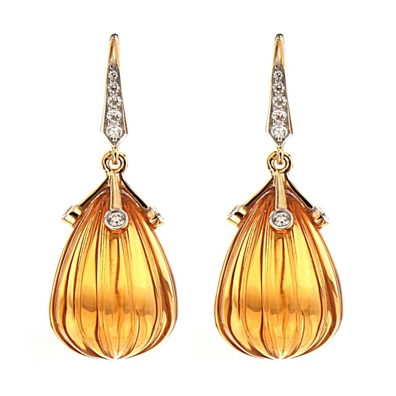 Carved Madeira Citrine Diamond Gold Drop Earrings For At 1stdibs