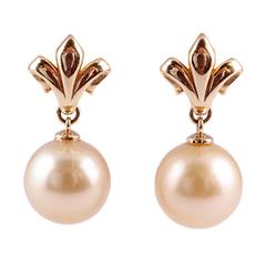 South Sea Pearl Gold Fleur de Lis Earrings