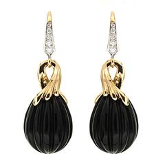 Carved Onyx Diamond Gold Drop Earrings 12