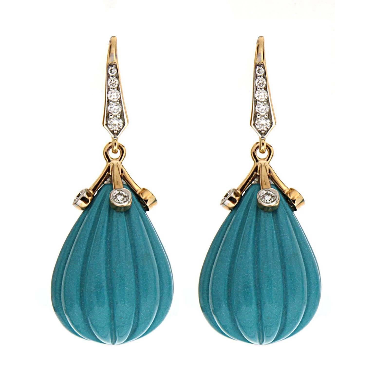 Carved Turquoise Diamond Gold Drop Earrings