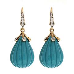 Carved Turquoise Diamond Gold Drop Earrings