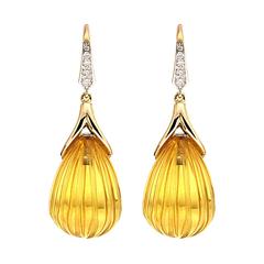 Carved Citrine Diamond Gold Drop Earrings 8