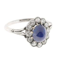 Antique 1.75 Carat Dome Natural Cabochon Sapphire Diamond Halo Platinum Engagement Ring