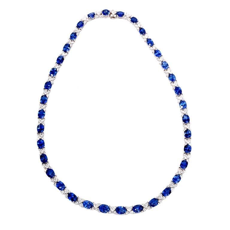 53.14ct Diamond Ceylon Sapphire Gold Necklace
This exquisite classic diamond Ceylon sapphire necklace is crafted in solid 18K white gold. This  fancy necklace is accented with 36 genuine oval cut extremely fine Ceylon sapphires approx 46.91cttw,
