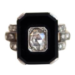 Art Deco Onyx Diamond Gold Platinum Ring