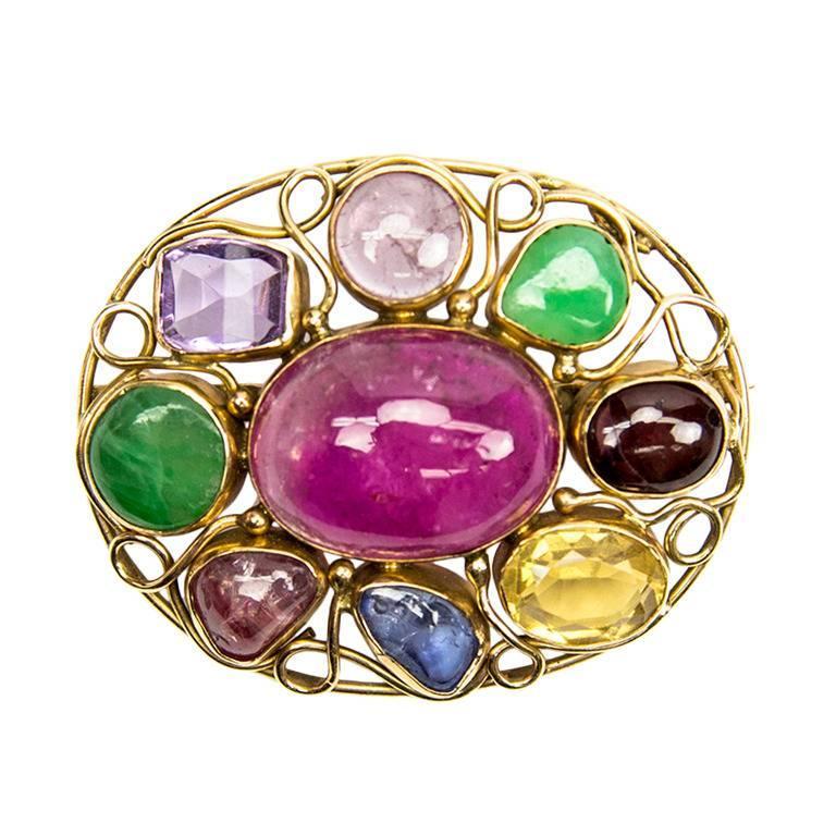 Retro Multi-Stone Gold Oval Brooch Pin For Sale at 1stdibs