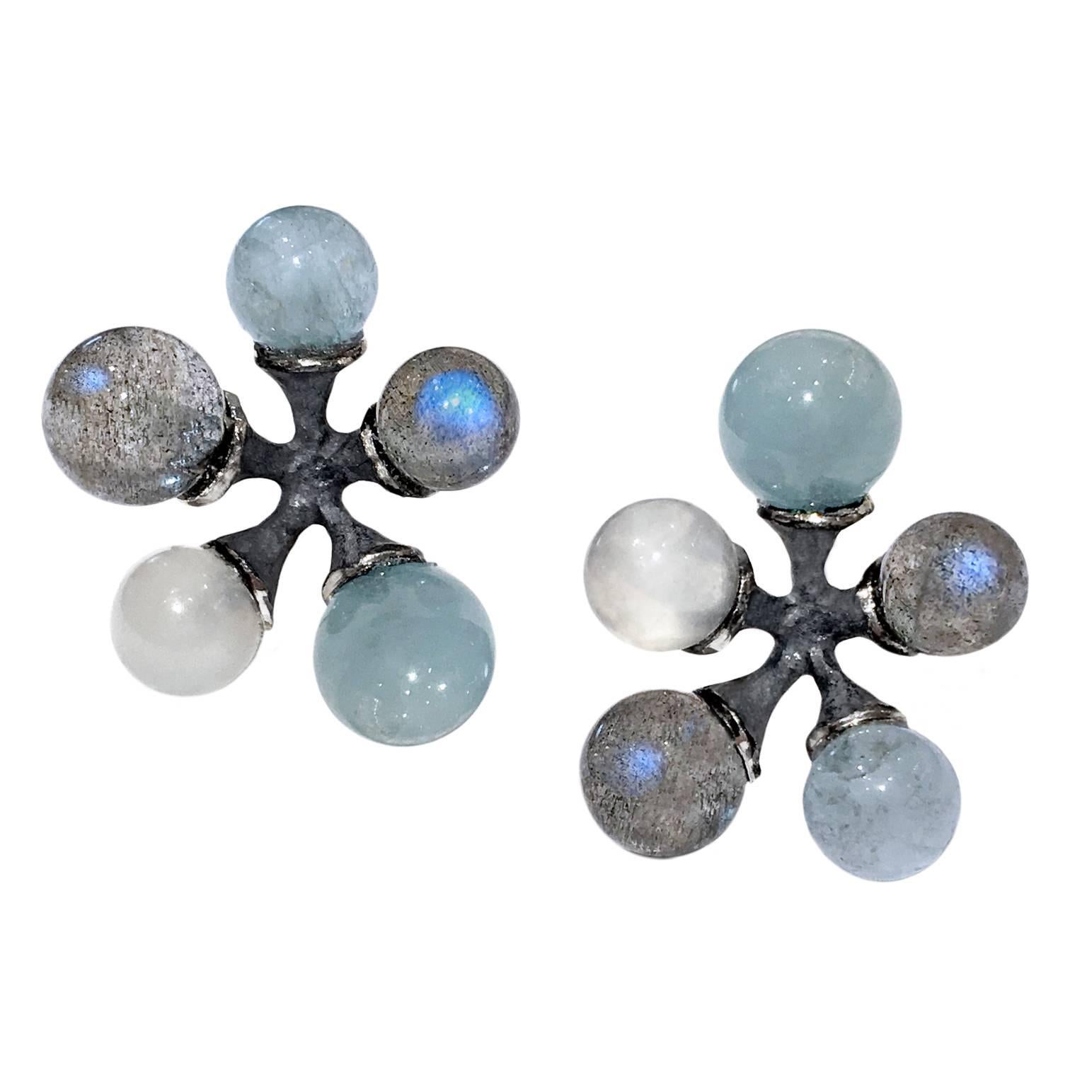 John Iversen Labradorite Moonstone Aquamarine Silver Gold Micro Jack Earrings