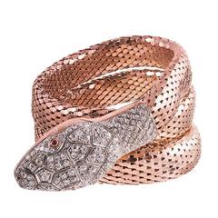 Vintage Diamond Gold Coiled Snake Wrap Bracelet 
