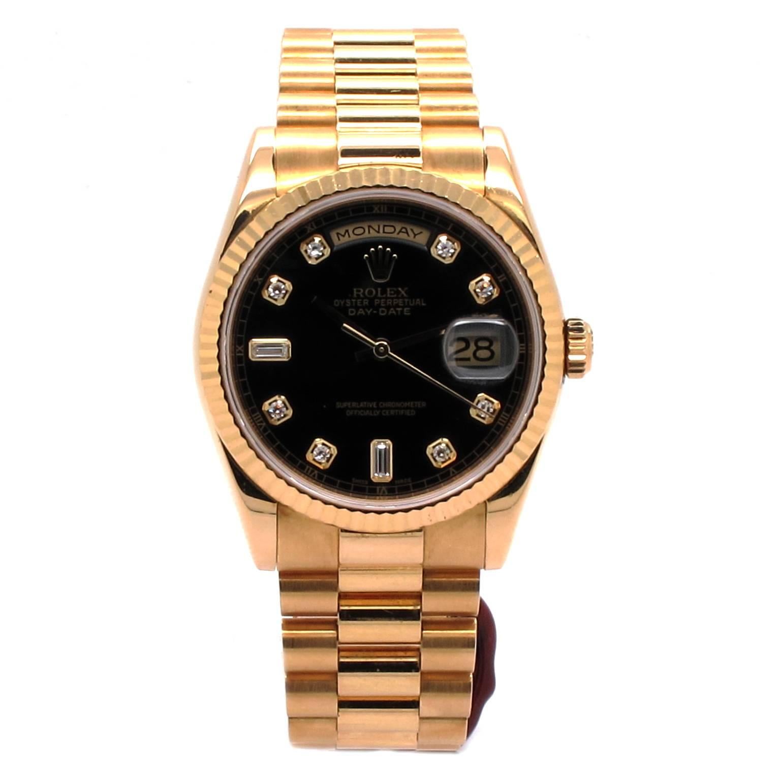 Rolex Yellow Gold Day-Date Original Black Diamond Presidential Wristwatch For Sale