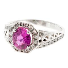 1.12 Carat Cushion Natural Pink Sapphire Diamond Halo Platinum Engagement Ring 2