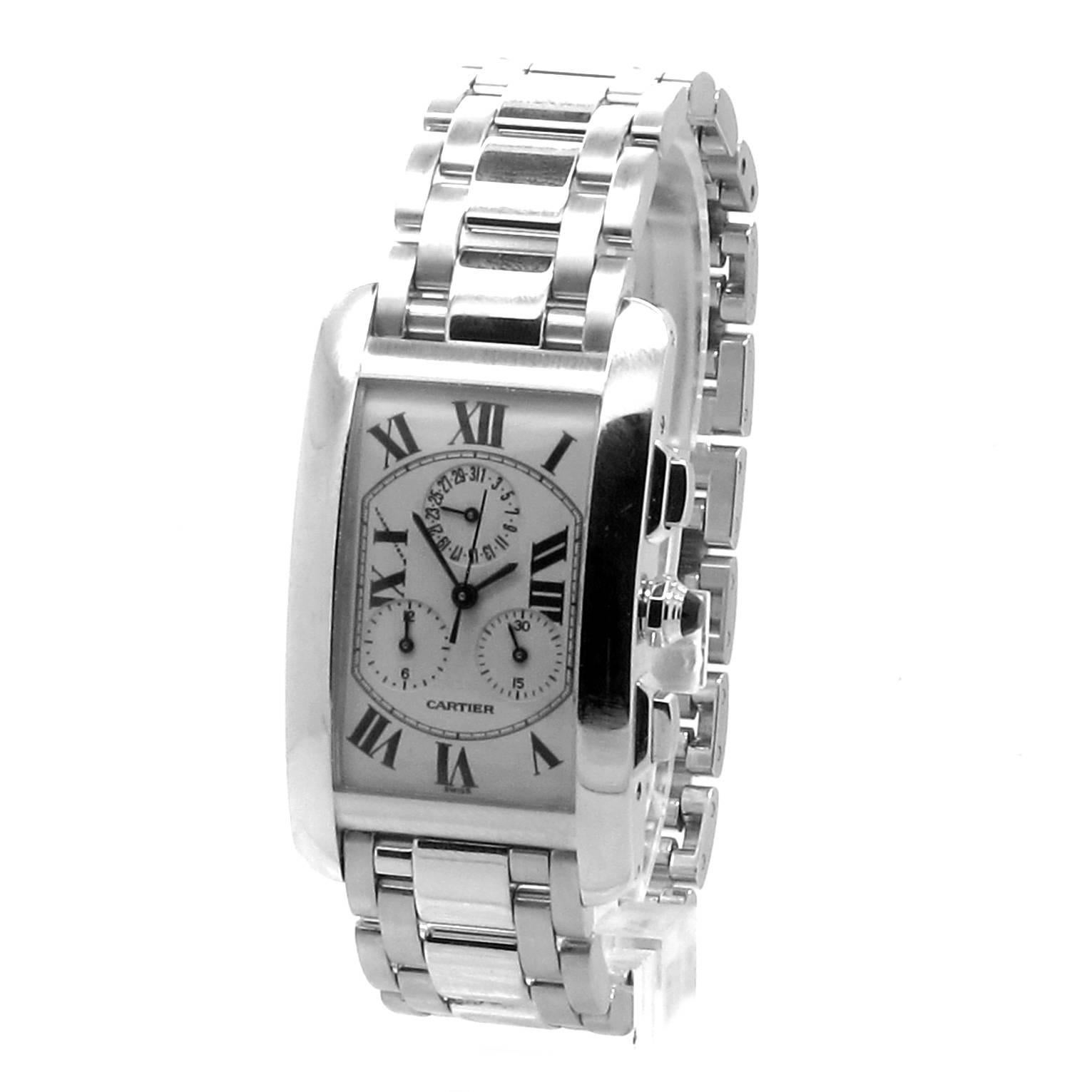 Cartier White Gold Tank Americaine Chronoflex Wristwatch Ref W26033L1 For Sale