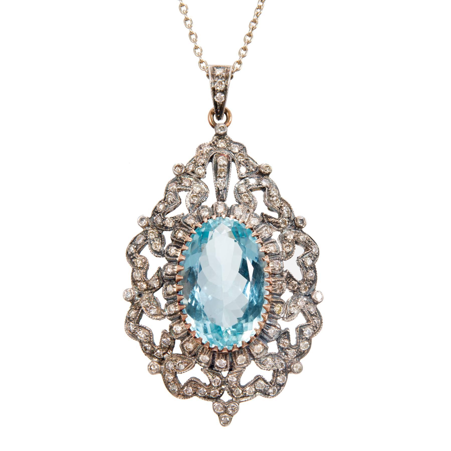 15.10 Carat Oval Aquamarine Diamond Silver Gold Art Deco Pendentif Necklace