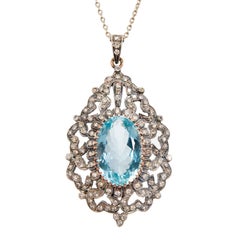 15.10 Carat Oval Aquamarine Diamond Silver Gold Art Deco Pendant Necklace