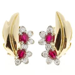 Ruby Diamond Gold Flower Leaf Design Clip Post Earrings 7