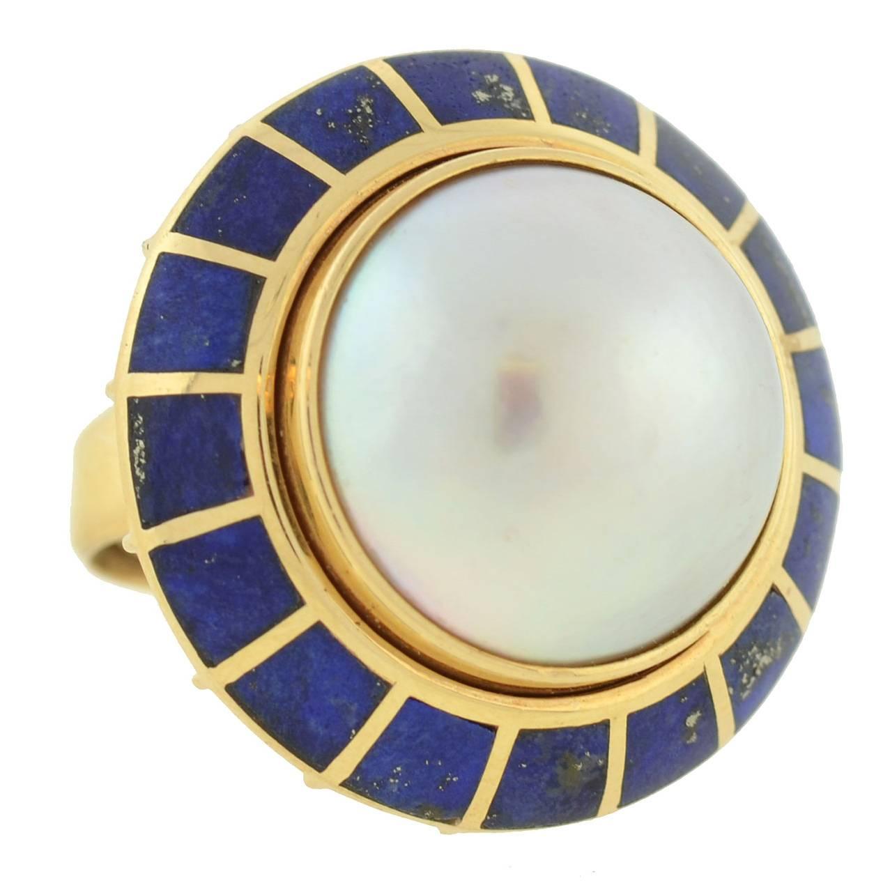Erte Lapis Mabe Pearl Gold "Soleil Noir" Domed Ring