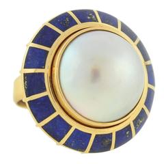 Retro Erte Lapis Mabe Pearl Gold "Soleil Noir" Domed Ring