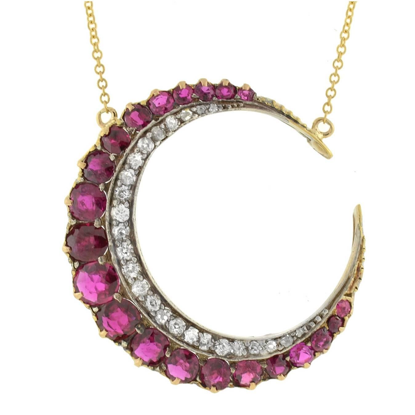 Victorian Ruby Diamond Silver Gold Crescent Moon Necklace
