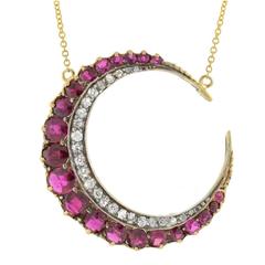Antique Victorian Ruby Diamond Silver Gold Crescent Moon Necklace