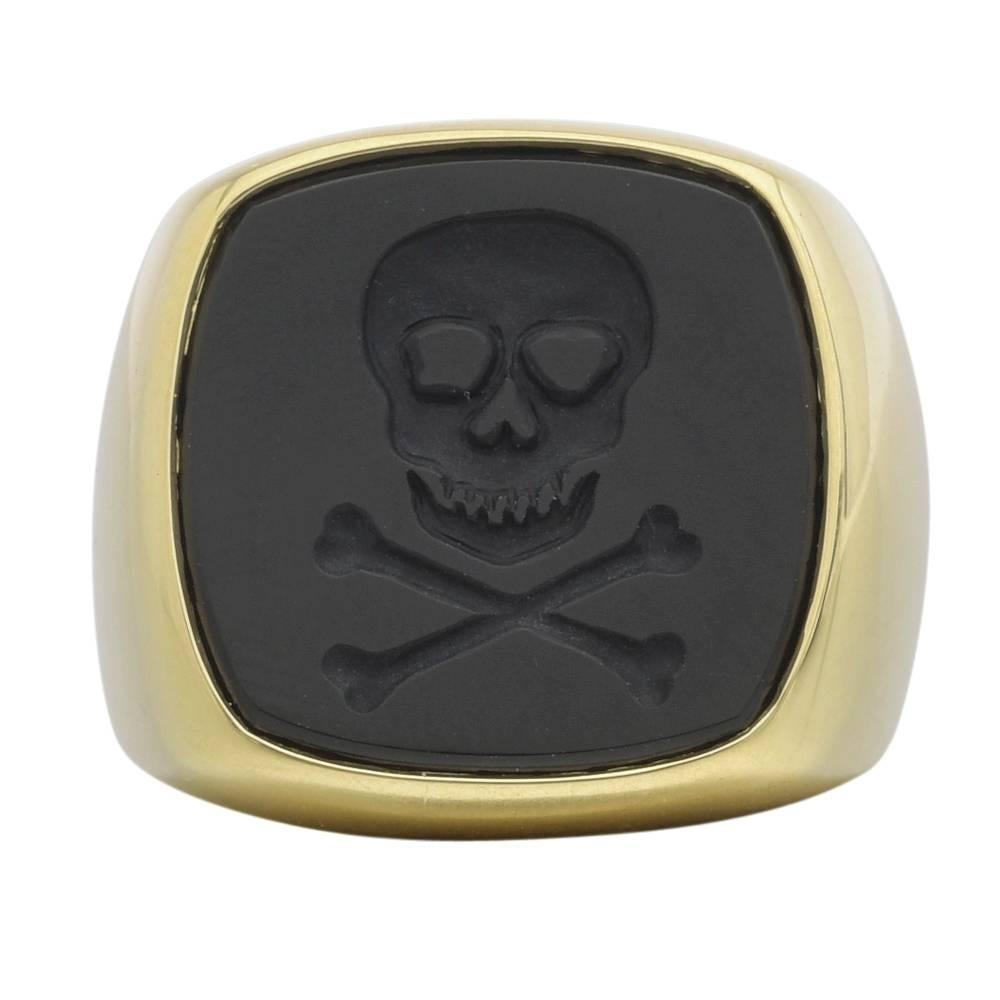 Skull and Crossbones Black Agate Gold Signet Ring