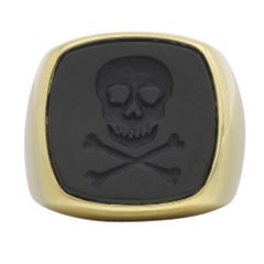Skull and Crossbones Black Agate Gold Signet Ring