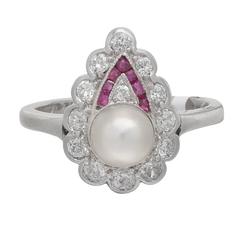 Antique Pearl Ruby Diamond Gold Cluster Ring