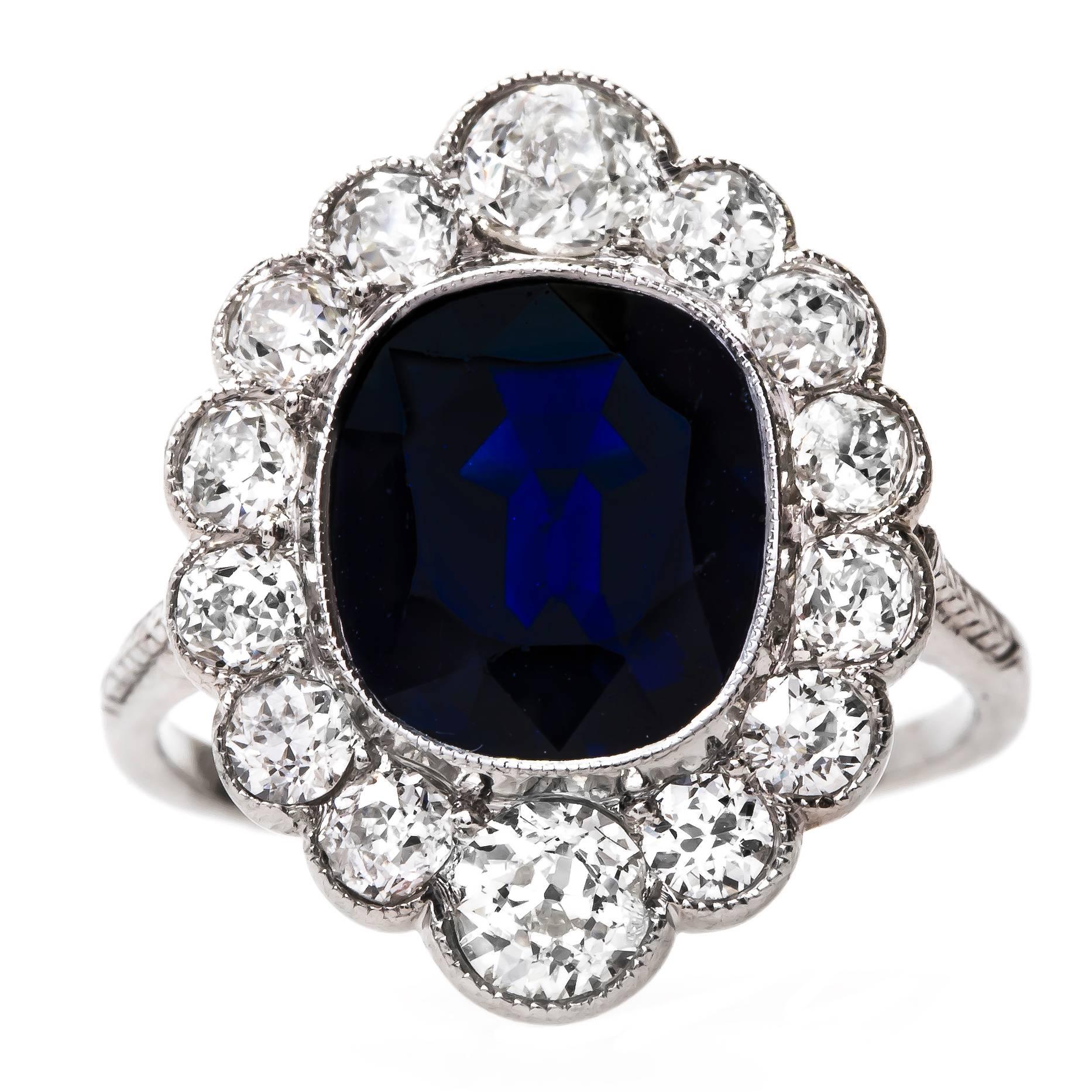 Regal Edwardian Era Engagement Ring with Deep Blue Sapphire Center For Sale