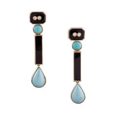 Vintage 1970s Turquoise Onyx Diamond Gold Drop Earrings