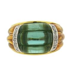 1980s Gold Carved Green Tourmaline Citrine Diamond Gold Ring
