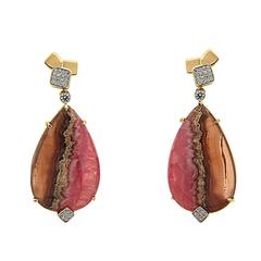 Pear Shape Honey Rhodochrosite Earrings with Diamond Cubic Tops 11