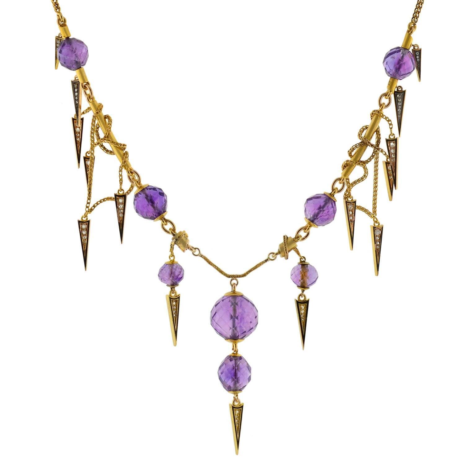 Victorian Enameled Amethyst Rose Cut Diamond Gold Festoon Necklace For Sale at 1stdibs