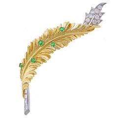 Tiffany & Co. Emerald Diamond Gold Platinum Leaf Brooch