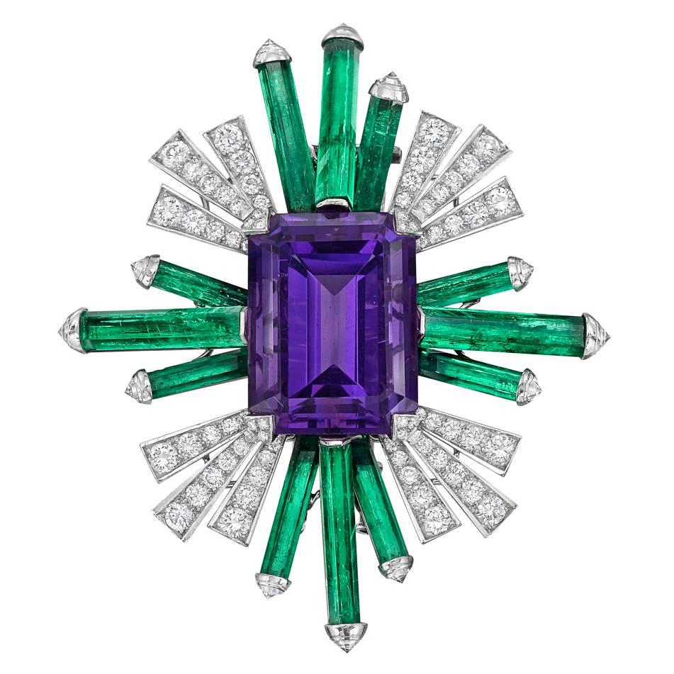 Chanel by Paul Iribe Amethyst Emerald Diamond Platinum Spray Brooch