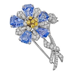 C.D. Peacock Cornflower Sapphire Multicolored Diamond Platinum Flower Brooch