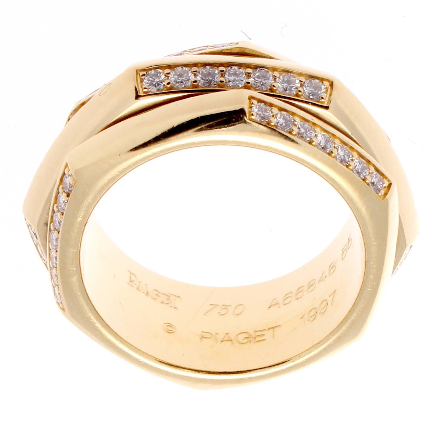 A very geometric aesthetic was the key to this design by Piaget. Combining 3 hexagonal rings that interchange rows of near colorless diamonds and smooth glistening yellow 18k gold with the middle ring creatively spinning freely to occupy any boring