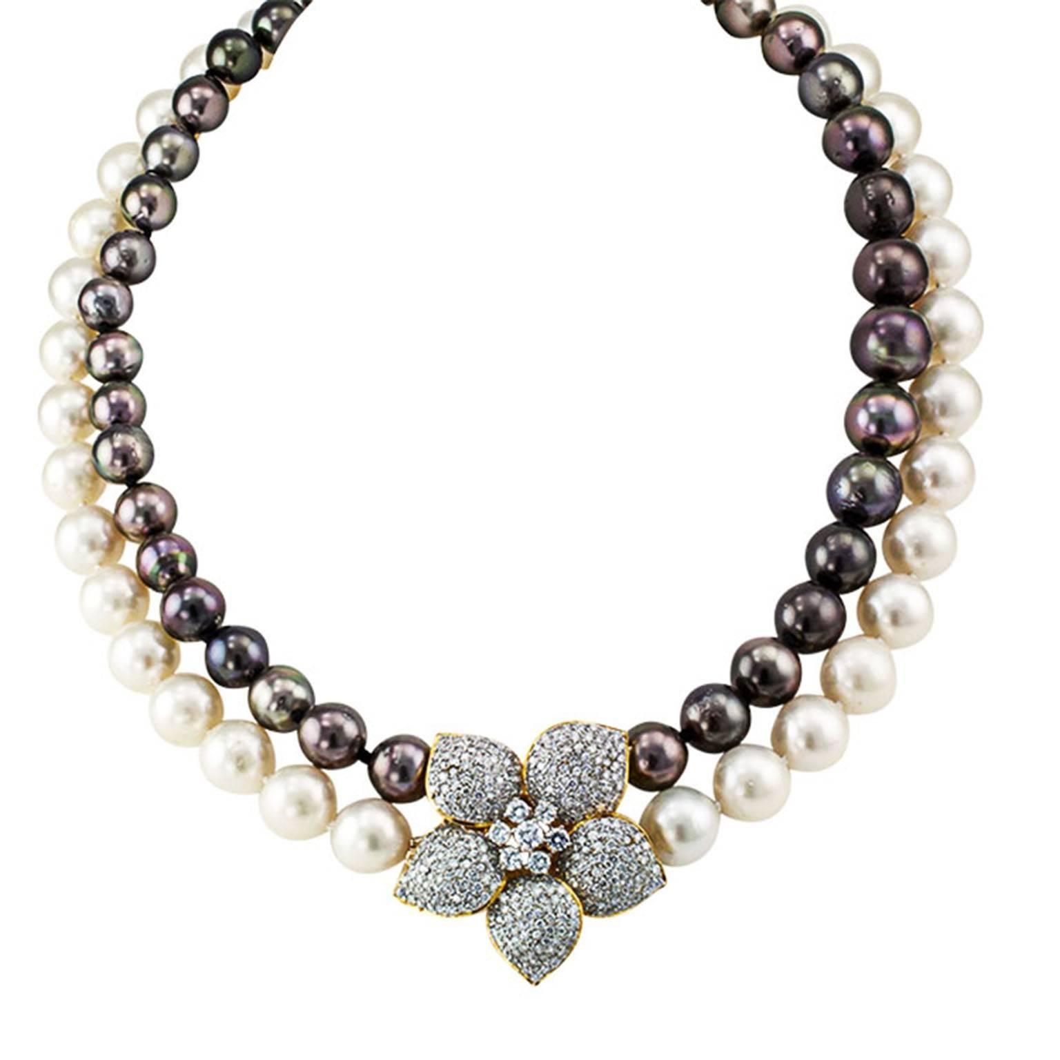 Tahitian and South Sea Pearl Necklace With Diamond Flower Clasp