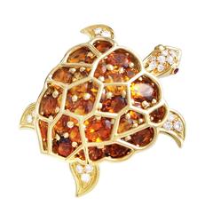 Vintage Chanel Citrine Diamond Gold Turtle Brooch