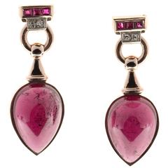 Red Tourmaline Cabochon Pear Ruby Diamond Gold Dangle Earrings