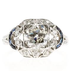 Diamond Sapphire Engraved Platinum Diamond Engagement Ring 7