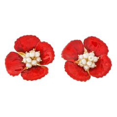 Pearl Red Enamel Gold Flower Earrings