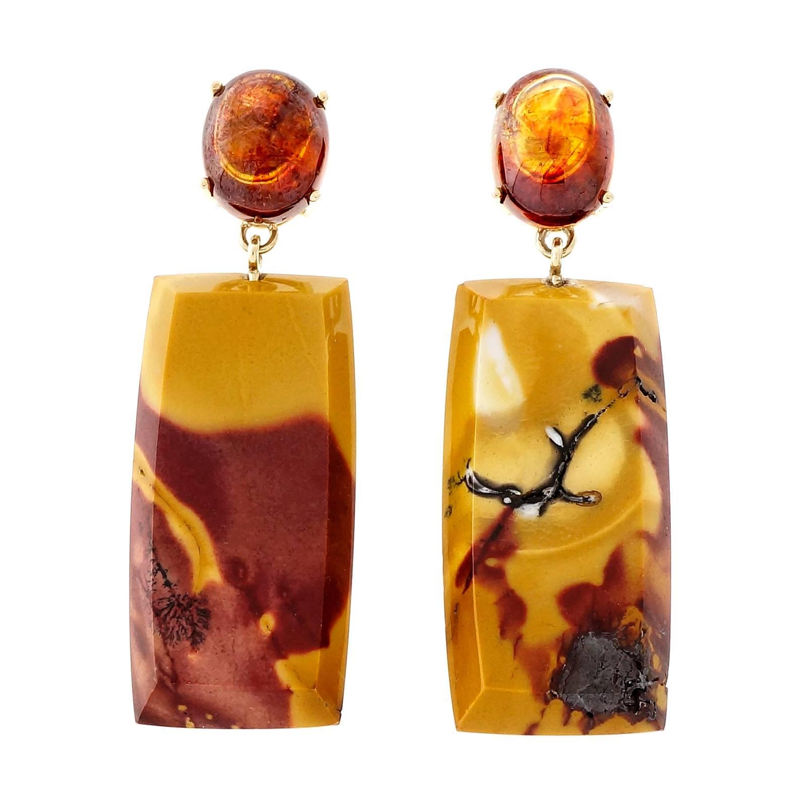 Cabochon Peter Suchy 45.95 Carats Jasper Sphalerite Gold Dangle Earrings For Sale