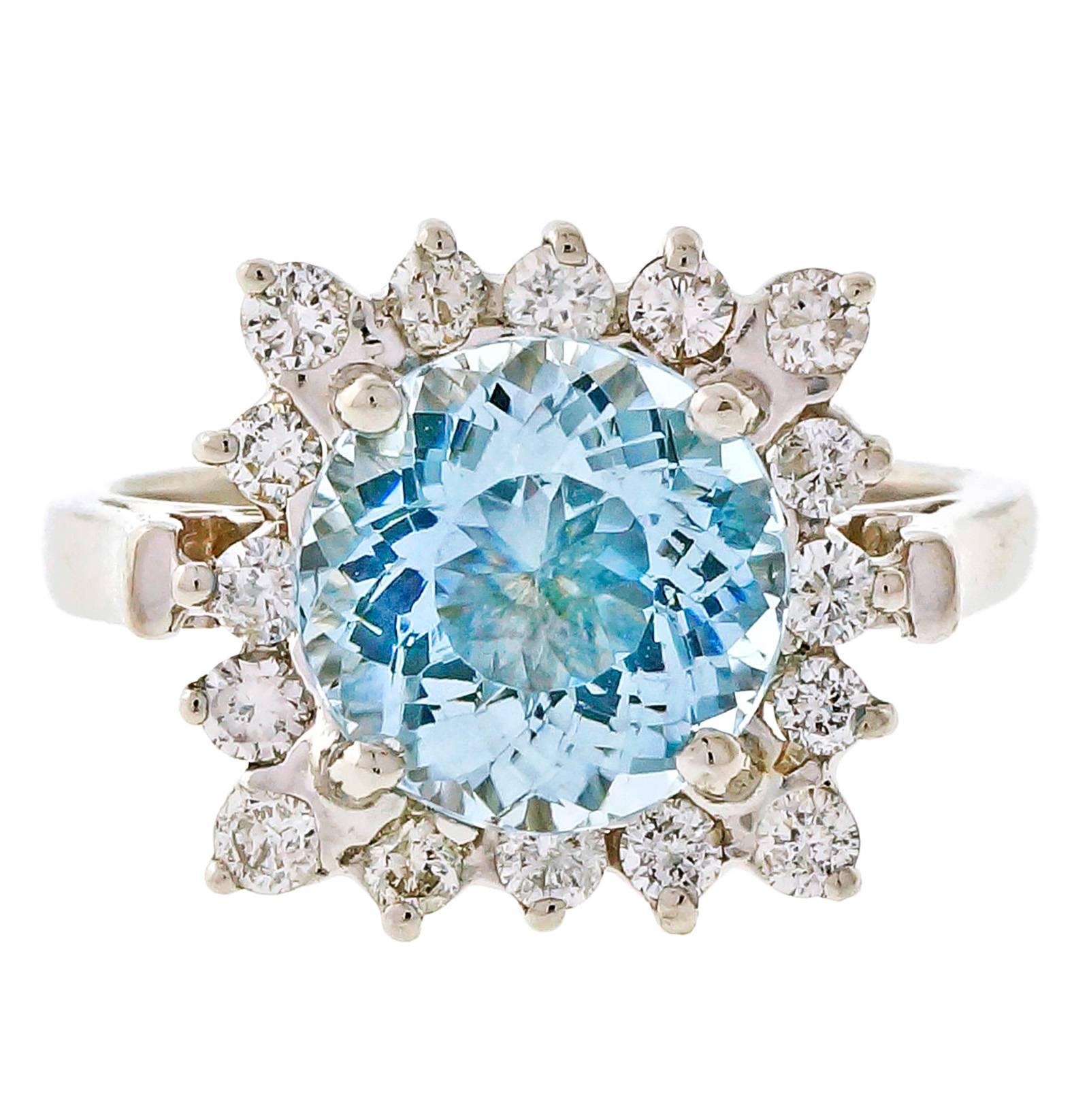 Aquamarine Diamond Halo Platinum Ring