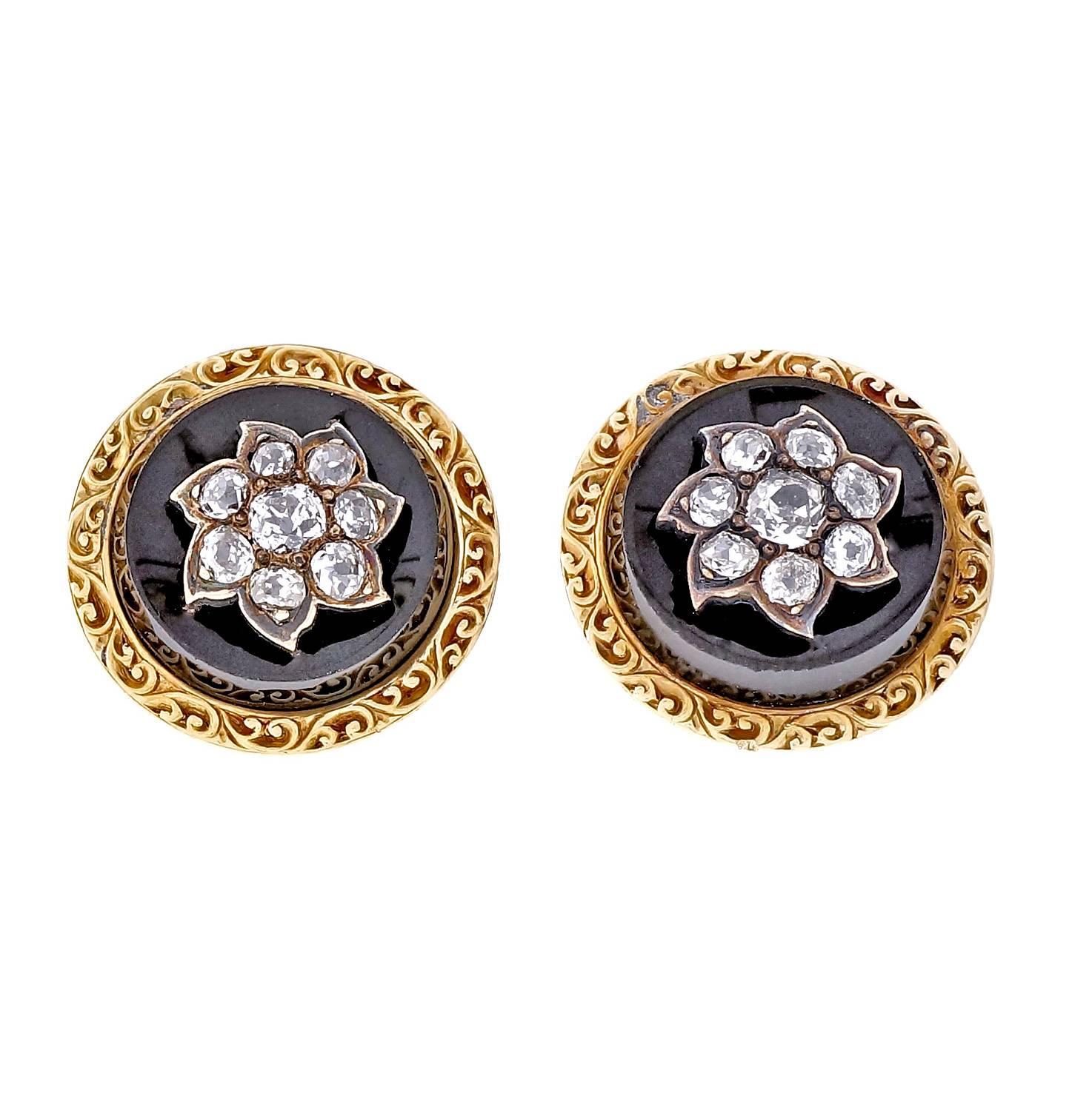 Victorian Old Mine Diamond Black Onyx Silver Gold Earrings