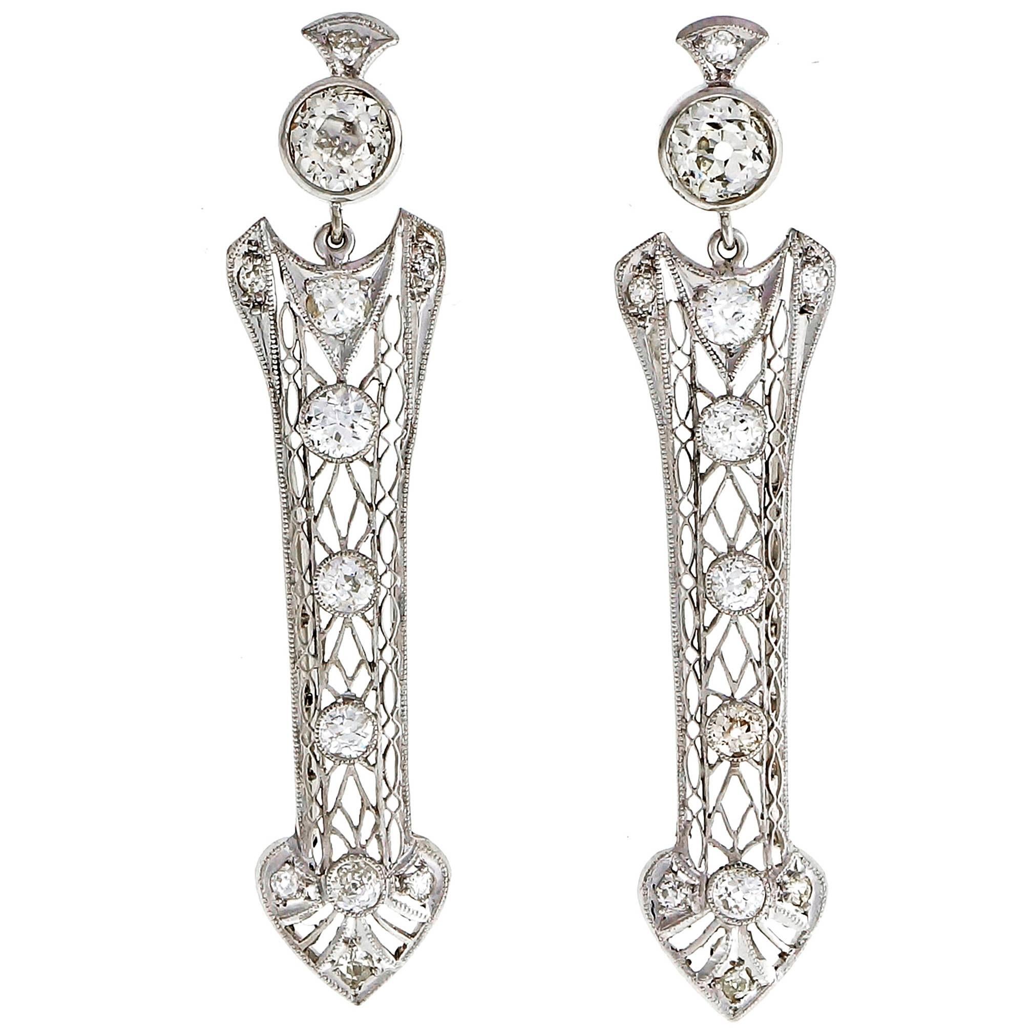 2.62 Carat Diamond Platinum Arrow Edwardian Dangle Earrings For Sale