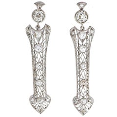 2.62 Carat Diamond Platinum Arrow Edwardian Dangle Earrings