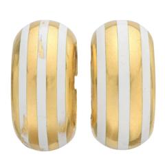 Cartier White Enamel Gold Striped Hoop Earclips